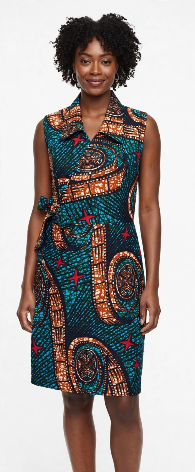 AI-generated styling illustration of the Starburst Wrap Around Dress, front view